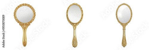 Foto Set of Three Luxury Antique Golden Hand Mirrors Isolated on White Background: Ornate Vintage Brass Vanity Mirrors with Detailed Floral Engravings and Handles for Elegant Decor