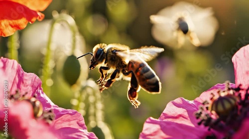 A busy honey bee gracefully hovers among vibrant poppy flowers, bathed in warm sunlight, highlighting the essential role of pollinators in a thriving natural ecosystem