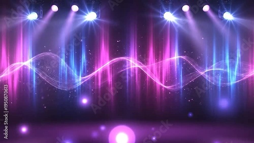 Stage lights illuminate a vibrant abstract digital waveform