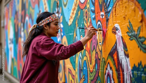 Indigenous artist painting traditional mural urban community artwork vibrant environment close-up view cultural heritage