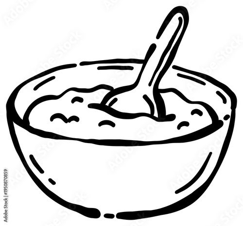 hand drawn bowl of porridge or rice with spoon simple black line doodle illustration isolated on white background minimal food sketch