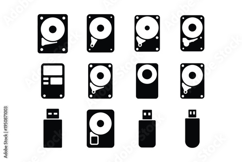 Various computer storage devices icons including hard drives and usb flash drives on white