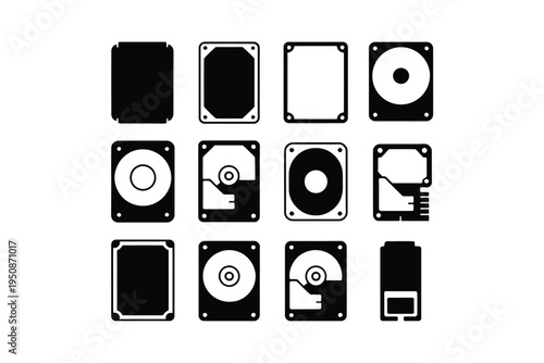 Various computer hard drive icons in black and white on clean background