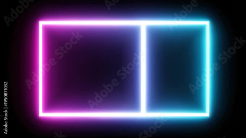 Abstract glowing geometric shapes with vibrant neon light outlines on black