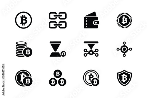 Bitcoin cryptocurrency icons set including blockchain wallet coins shield and more