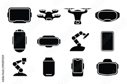 Black icons of smart devices and robotics on white background