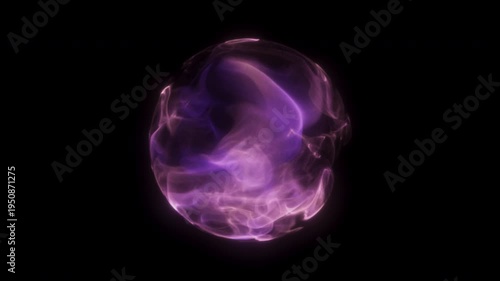 Glowing purple magical orb with swirling smoke-like energy, isolated on a black background. 4K, 30fps, Alpha