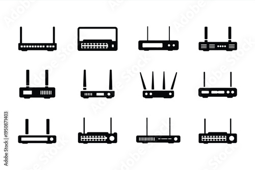 Various wifi router icons with antennas and different designs on white background