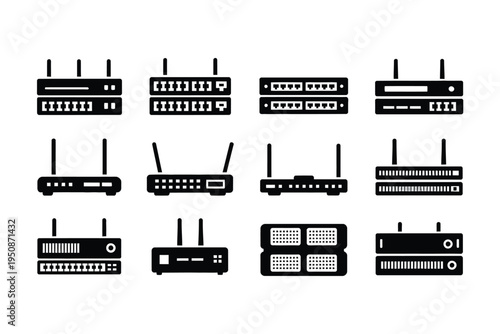Various router and modem icons in black on white background for network illustration