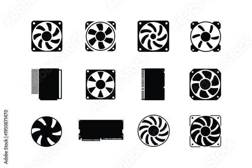 Various computer cooling fans and heat sinks in black and white
