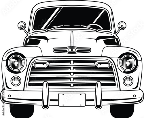 Vintage American Pickup Truck Frontal View Illustration.