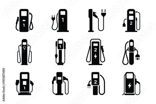 Electric vehicle charging icons set with various plug types and levels