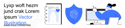 Cybersecurity, online privacy, identity verification, medical data, digital services, user authenticity. Elements include a file, shield with fingerprint and user on computer. Cybersecurity