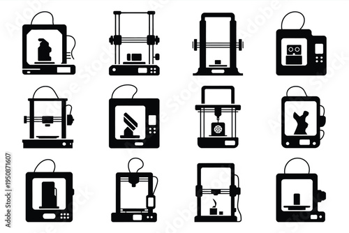 3d printer icons with various objects being printed on white background