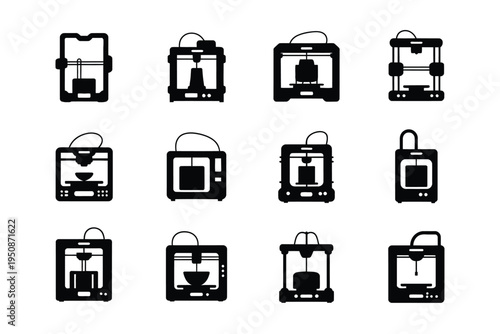 3d printer icons set with various printing stages and processes