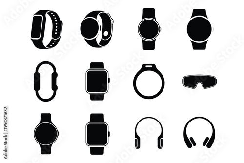 Smartwatches fitness trackers and headphones icons set in black