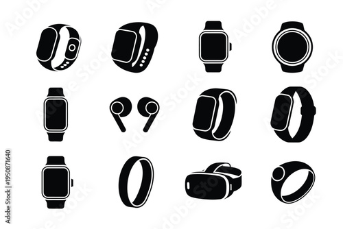 Black smartwatch and wearable technology icons set with earbuds and vr headset