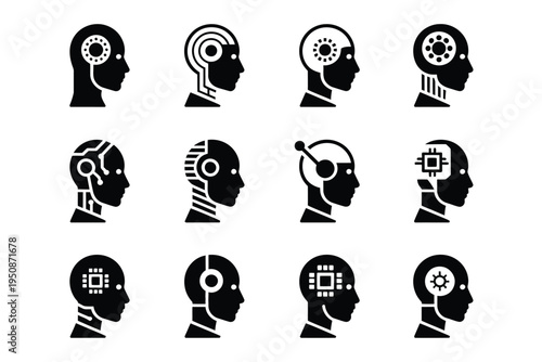 Artificial intelligence human heads with gears and circuits robotic minds futuristic
