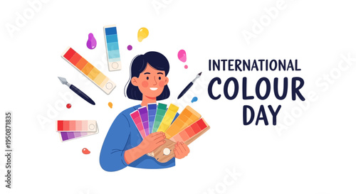 A woman holding a color palette surrounded by vibrant color splashes and design tools on International Colour Day, celebrating color awareness with a creative concept.