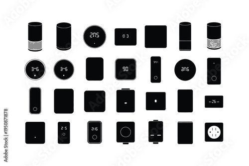 Smartwatch and fitness tracker icons in various styles and shapes on white background