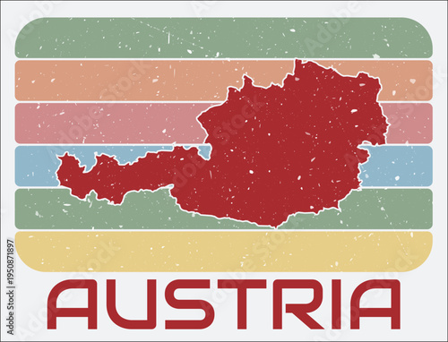 Austria vintage logo. Shape of the country on retro colored stripes background. Austria map design with grunge scratch texture. Vector illustration.