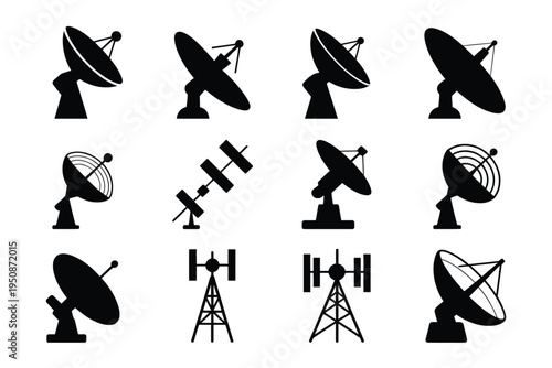 Black satellite dishes and antennas icons set on white background for communication
