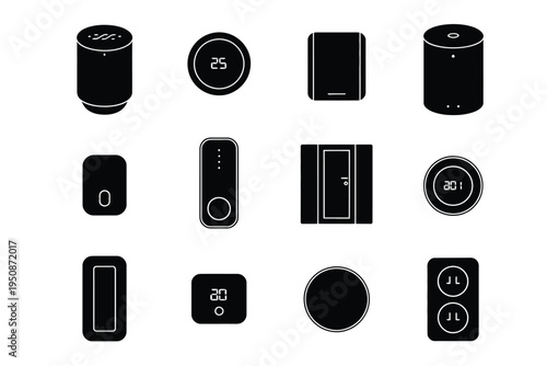 Black smart home devices icons set with digital displays and controls
