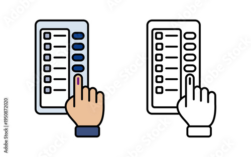 Indian Election EVM Icon Vector, Hand Pressing Button on Electronic Voting Machine with Indelible Ink Mark, Democratic Voting Process Illustration