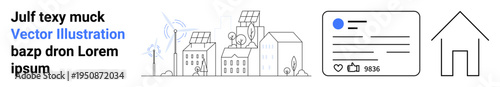 Renewable energy, eco-friendly housing, social media communication, solar power, smart city, sustainable living. Wind turbines, solar panels and a house icon. Renewable energy and eco-friendly