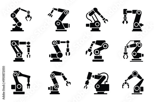 Industrial robotic arms in various positions and actions on white background
