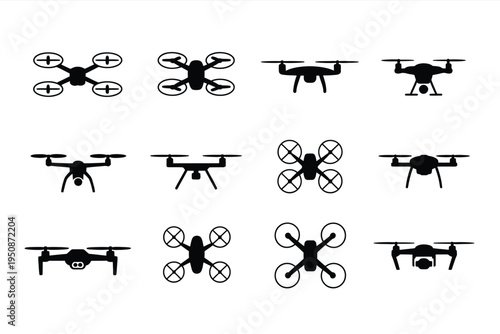 Various drone icons in black on white background for design use