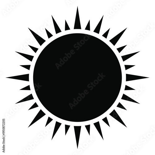 A simple black silhouette of the sun with sharp rays is displayed on a clean white background.
