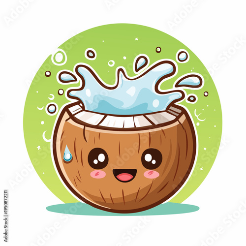 Cute kawaii coconut with happy face and milk splash, tropical fruit mascot