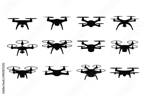 Black drone silhouettes flying in various positions and angles on white background