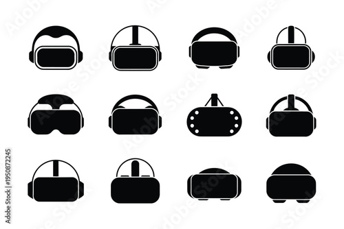 Black virtual reality headsets icons set on white background