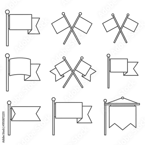 A collection of outline icons depicting various styles of flags and pennants on white background.