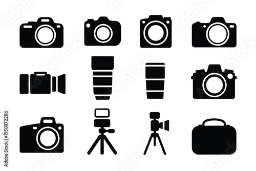 Black camera icons set with photography equipment on white background