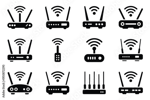 Various wi fi router icons with signal symbols on white background