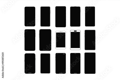 One white smartphone stands out among black mobile phones in a grid