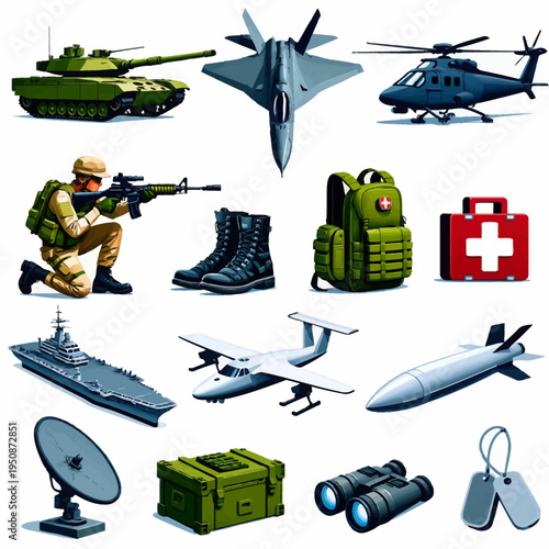 Military Equipment and Defense Technology Illustration Set with Army Soldier, Vehicles, and Tactical Gear Isolated on White