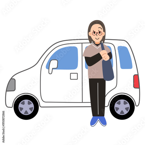 車の横に立つ訪問看護師のイラスト