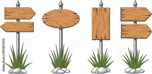 Set of cartoon wooden signpost icons with arrows and boards on metal poles with grass and stones isolated on white background for design
