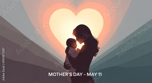 Silhouette of mother holding baby in front of glowing heart for mother's day