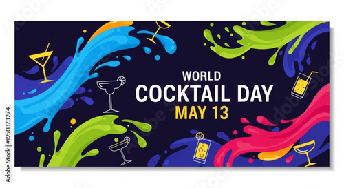 Vibrant world cocktail day banner with colorful splashes and cocktail glasses on dark background