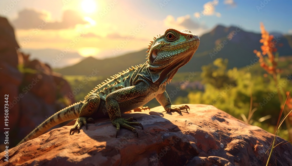Fototapeta premium A green lizard on a rocky outcrop with a mountain range