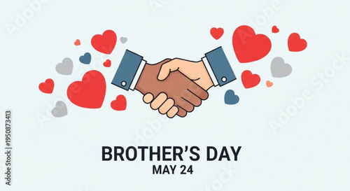 Brother's day illustration with handshake and colorful hearts on light background