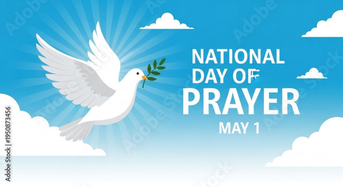 National day of prayer on may 1st with a white dove holding olive branch under sunny blue sky with clouds