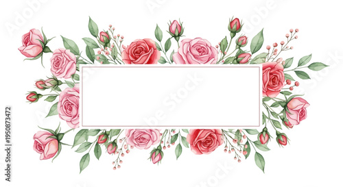 Floral Frame with Pink Roses and Leaves.