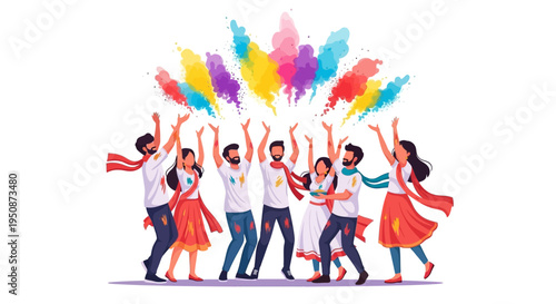Group of people celebrating Holi festival with vibrant color powder in the air, joyful Indian spring celebration with traditional Hindu festival colors.
