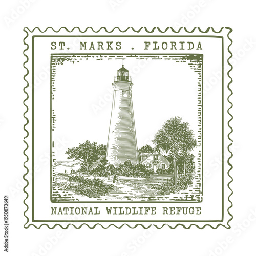 Vintage Postcard with Antique Postage Stamp of St. Marks Lighthouse in Florida
